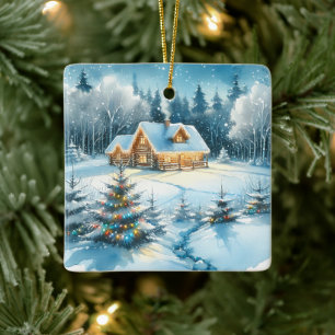 Serenlogkabine im Winterwald Keramikornament