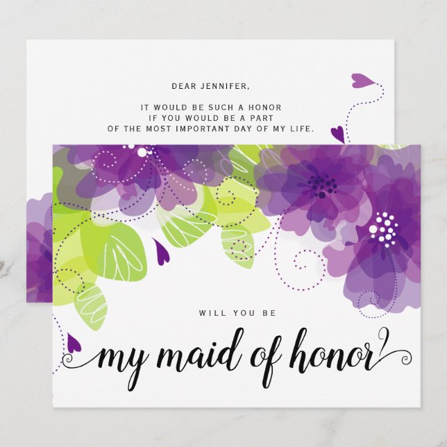 "Serez-vous ma servante d'honneur" carte de fleurs (Devant / Derrière)