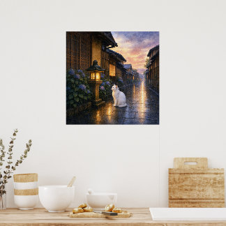 series_2_10｜Square Gazing Lantern White Cat Art Poster