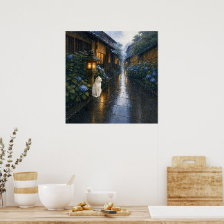 series_2_2｜Square Kyoto Lantern White Cat Art Poster