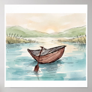 Seriöse Aquarell-Holzwasserboot-Seelandschaft Poster