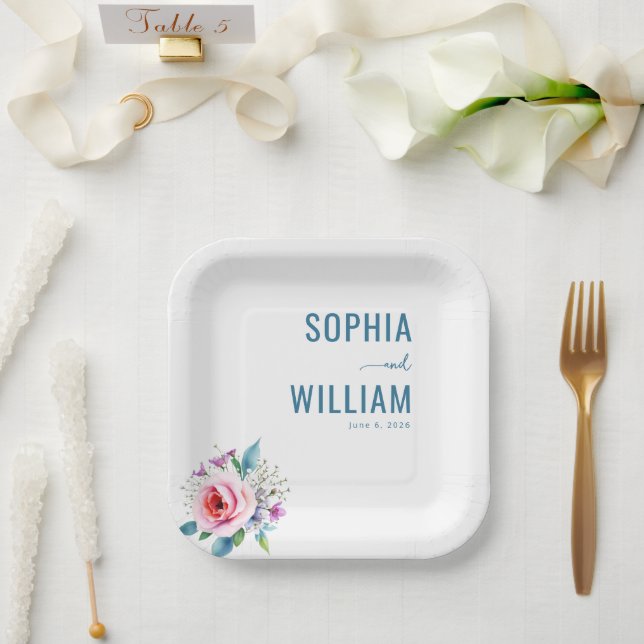 Seriöse blaue Blumen Eleganz Pappteller (Hochzeit)