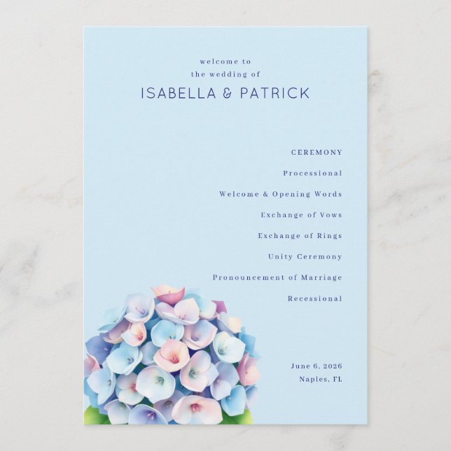 Seriöse blaue florale Hochzeitszeremonie Programm (Vorderseite)