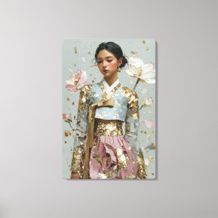 Seriöse Pastell-Hanbok- und Goldfolien-Leinwandkun Leinwanddruck