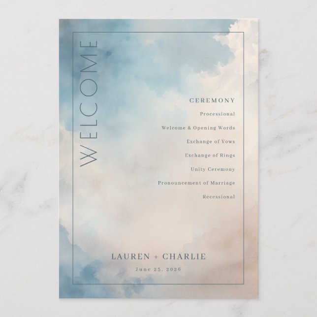 Seriöses Wasserfarben-Hochzeitsprogramm in Blau Programm (Vorderseite)