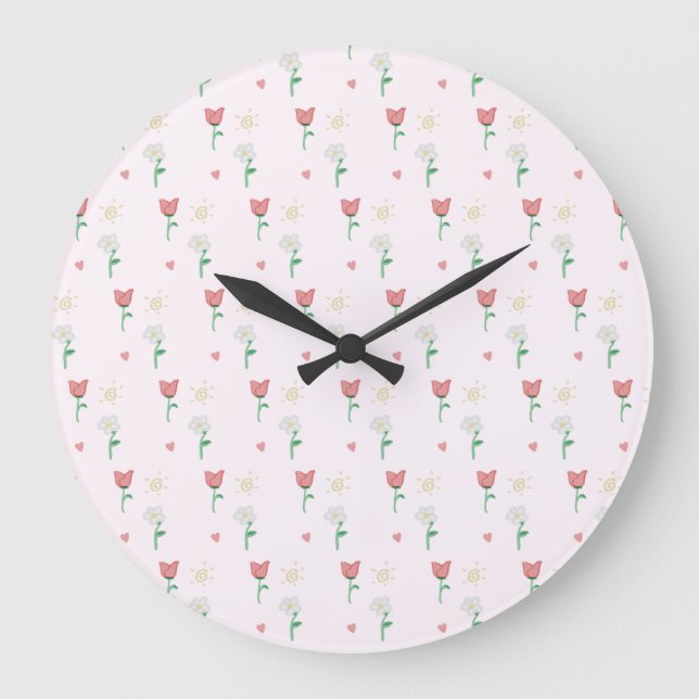 Seriosität| Niedlich rosa Blume Muster Wall Clock Große Wanduhr (Vorderseite)