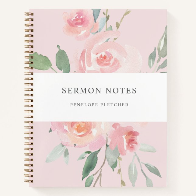 Sermon Notes Watercolor Floral Blues Pink Notizbuch (Vorderseite)