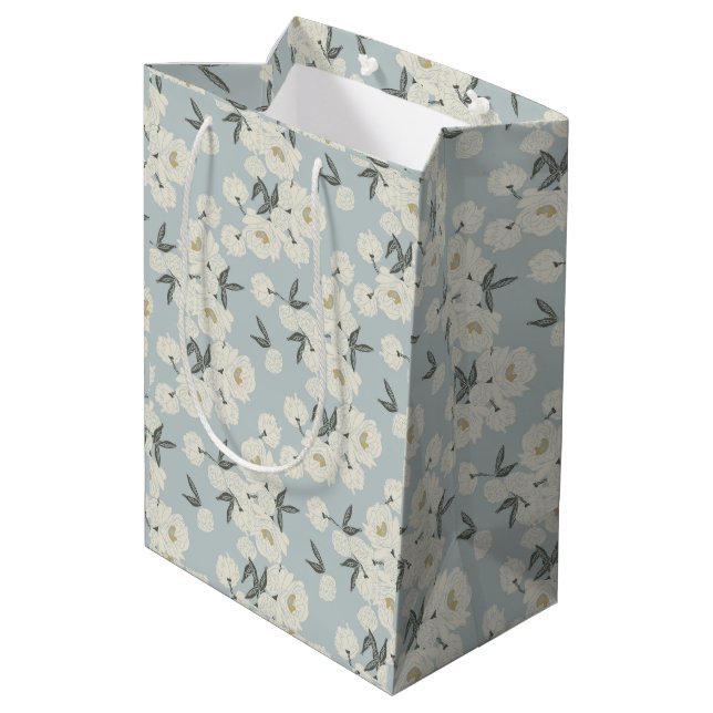 Serpentine Peony - Offweiß und hellblau Mittlere Geschenktüte (Rückseite Schrägansicht)