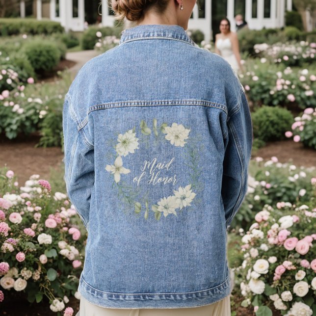 Serre florale d'ivoire moderne sertissée d'honneur (Maid of Honor Denim Jean Jacket)