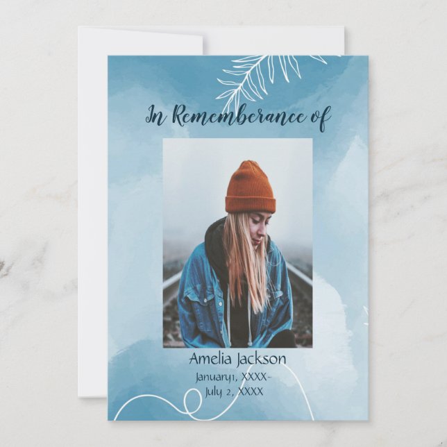 Service commémoratif Invitation Bleu Feuilles bota (Devant)