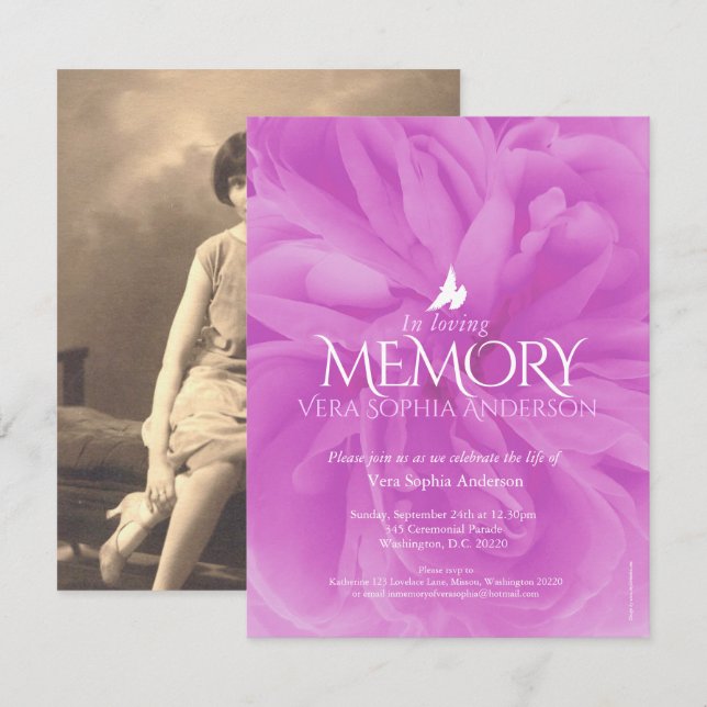Service commémoratif violet rose invitations funér (Devant / Derrière)