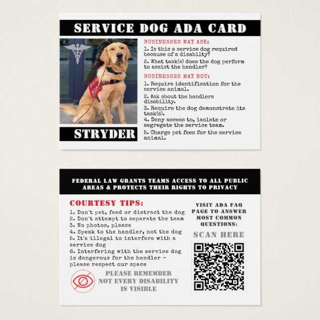 Service Dog ADA Cards Foto ID Abzeichen Beruflich (Vorne & Hinten)