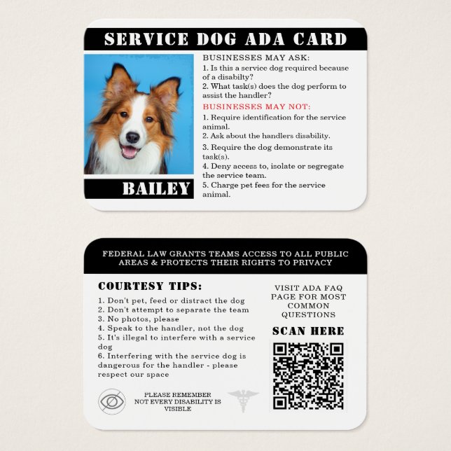 Service Dog Card Foto ID Abzeichen Etiquette ADA (Vorne & Hinten)