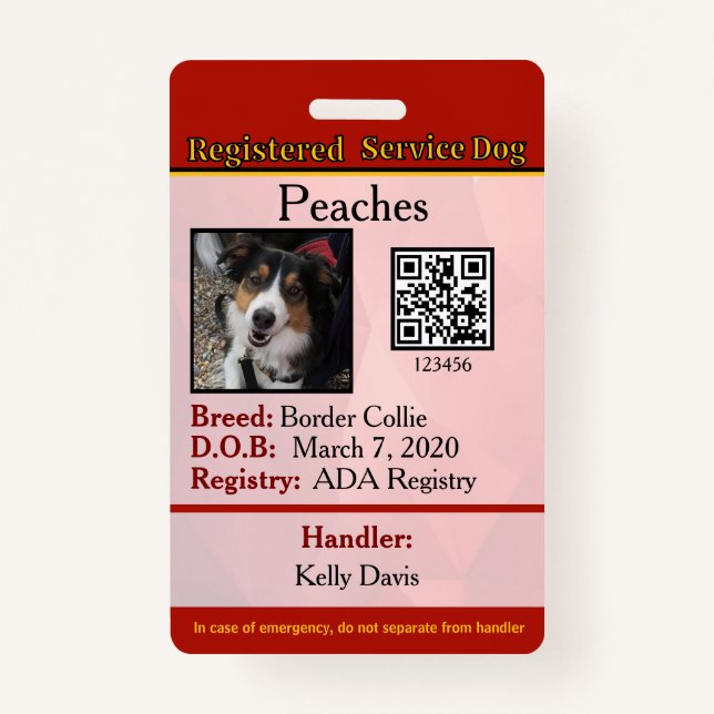 Service Dog Kanada vertikales Abzeichen Ausweis (Vorderseite)