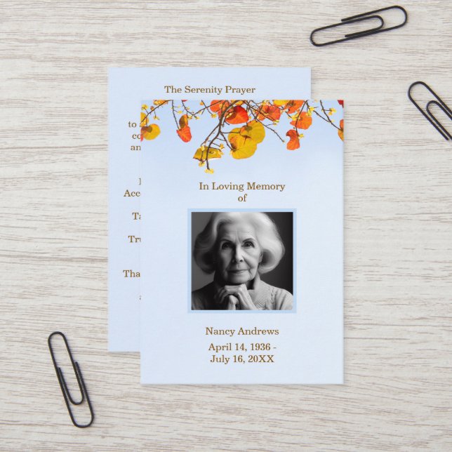 Service funéraire Carte de prière Sky Feuilles (Devant/Arrière en situation)