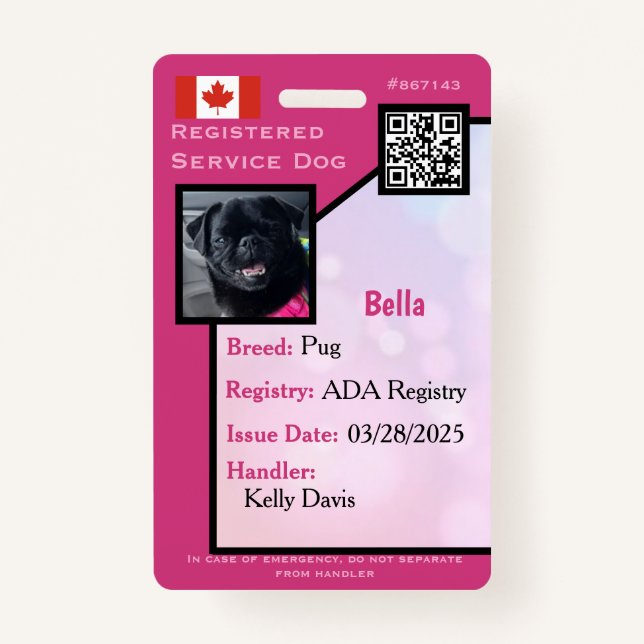 Service Hund ID-Karte rosa vertikales Abzeichen Ausweis (Vorderseite)