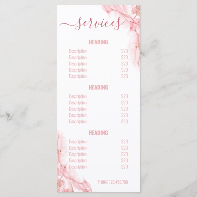 Service-Menü für den rosa und goldfarbenen Salon Menükarte (Vorderseite)