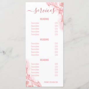 Service-Menü für den rosa und goldfarbenen Salon Menükarte