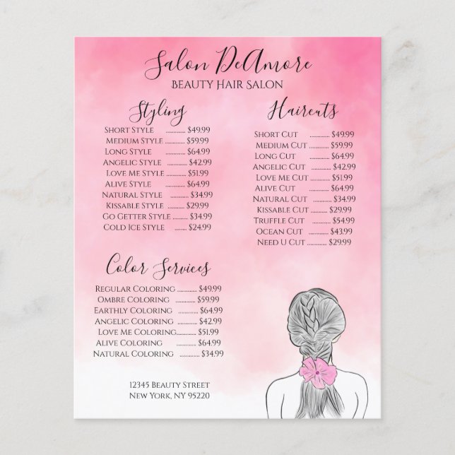 Service Menu Girl avec aquarelle rose tresse (Devant)
