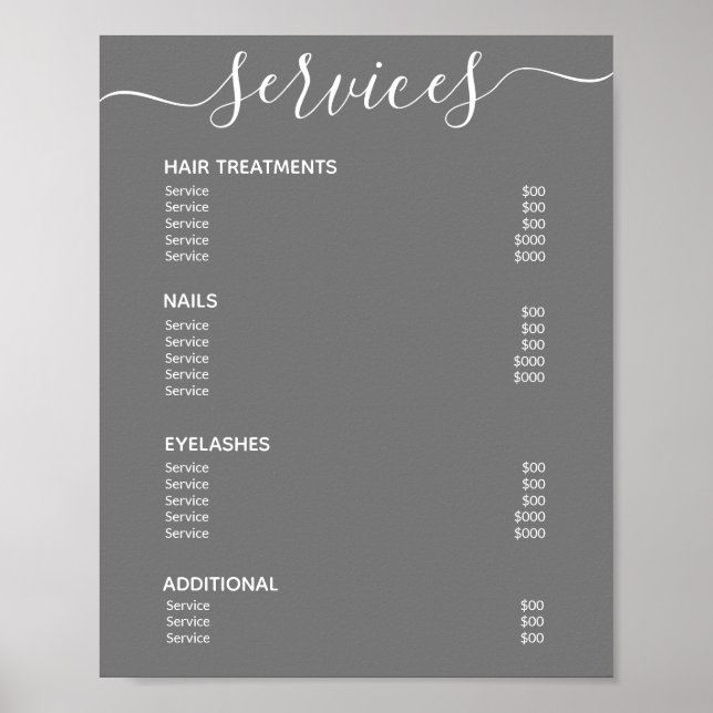 Service Menu "Minimalistisch Grau Salon Price List Poster (Vorne)