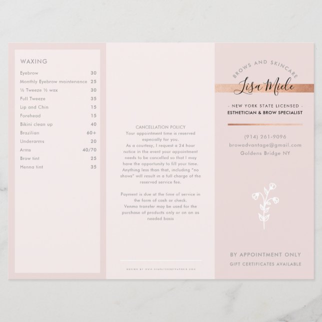 SERVICES PREIS LIST Schönheitssalon Rose Gold Rosa (Vorderseite)