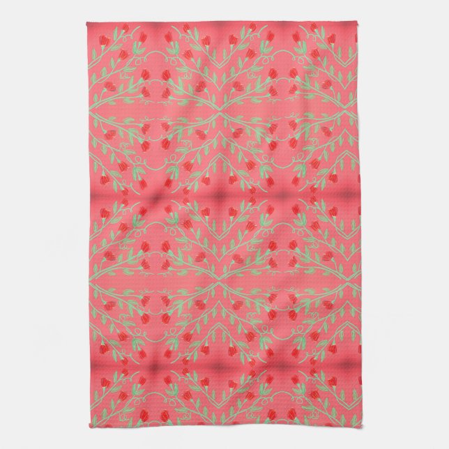 Serviette à fleurs rouge et rose et menthe verte (Vertical)
