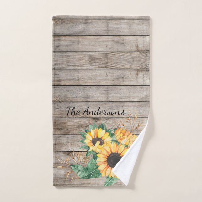 Serviette à main en bois rustique et tournesol (Serviette à main)