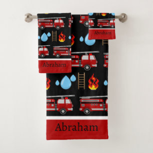 Serviette à motif de camions de pompiers rouges pe