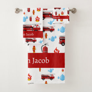 Serviette à motif de camions de pompiers rouges pe