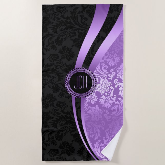 Serviette De Bain En Damas Florales Noir Et Violet (Devant)