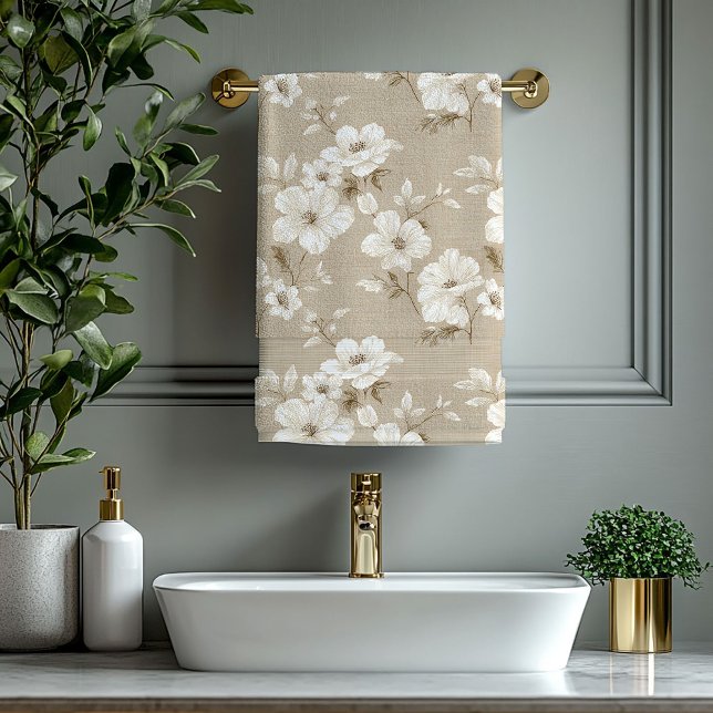 Serviette de bain Fleurs blanches Taupe rustique (Rustic Taupe White Flowers Neutral Bath Towel)