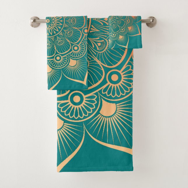 Serviette de bain Mandala Peach Bohemian Turquoise (En situation)