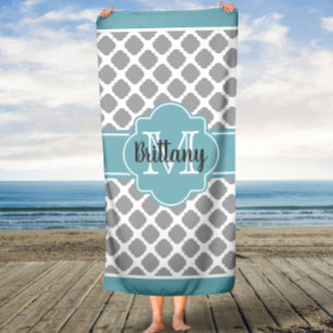 Serviette de bain monogramme Aqua et Grey Quatrefo