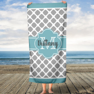 Serviette de bain monogramme Aqua et Grey Quatrefo