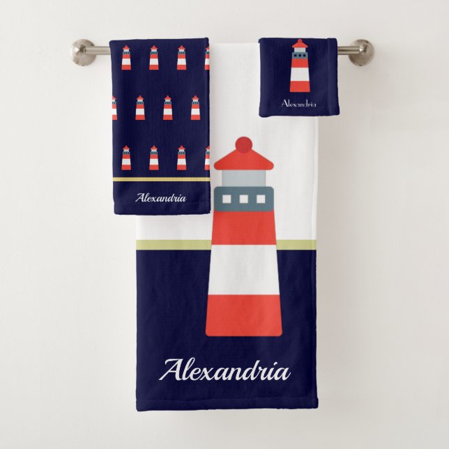 Serviette de bain Nautical Gold et bleu marine Lig (En situation)