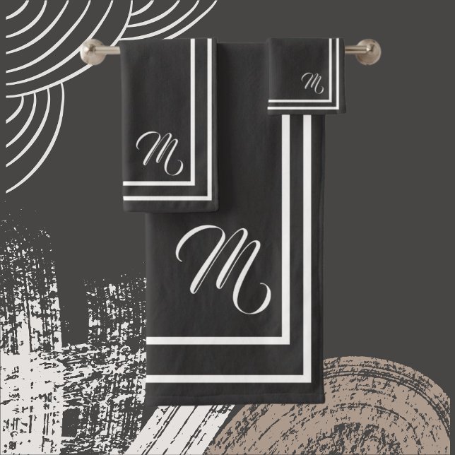 Serviette de bain noir/blanc monogramme classique (Créateur téléchargé)