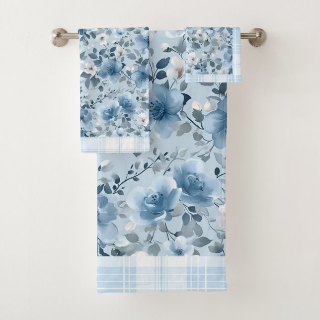 Serviette de bain plaid bleu et blanc (En situation)