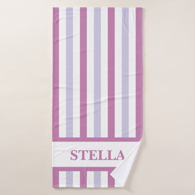 Serviette de bain violet en bande avec nom personn (Serviette de bain)