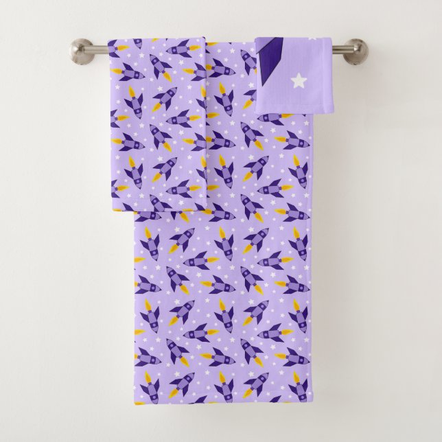 Serviette de bain violet Retro roquette (En situation)