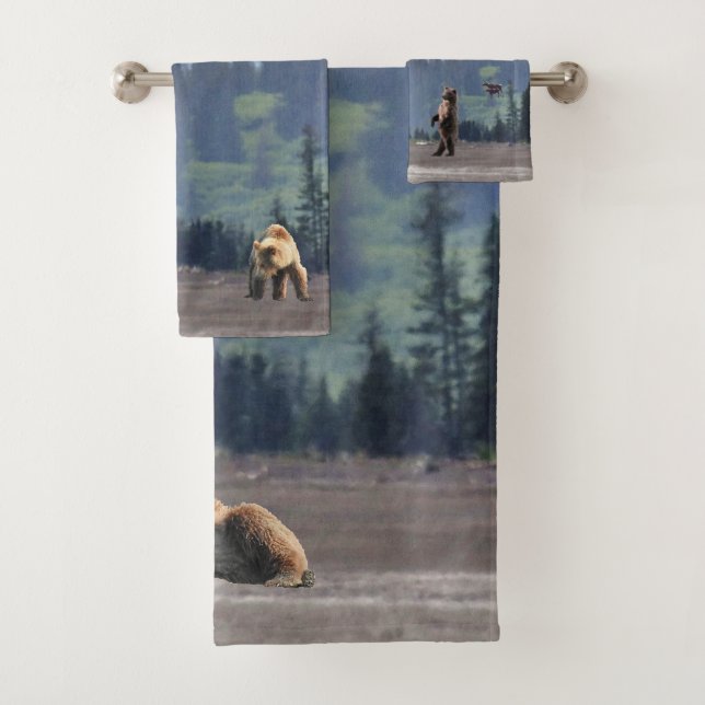 Serviette de Bath réglée avec des ours gris et des (En situation)