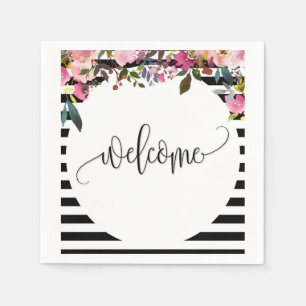 Serviette de cocktail en papier floral rayé noir e