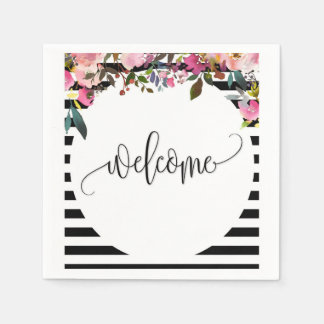 Serviette de cocktail en papier floral rayé noir e
