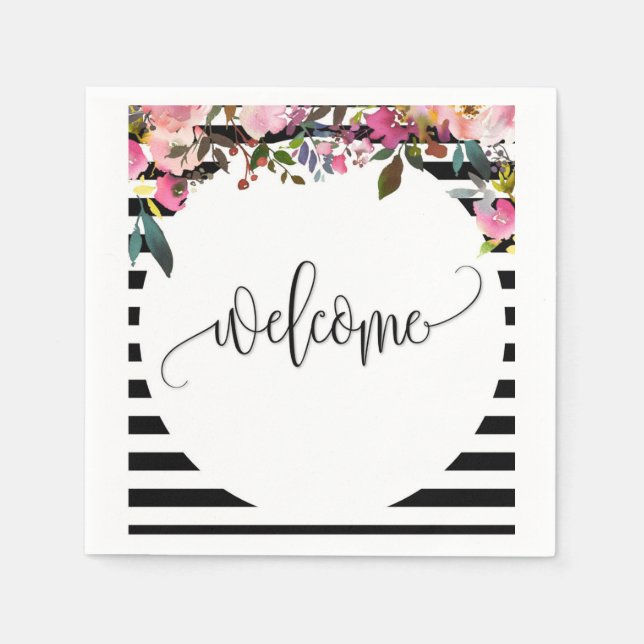 Serviette de cocktail en papier floral rayé noir e (Devant)