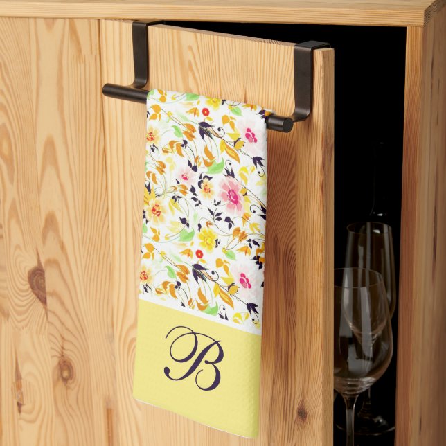 Serviette de cuisine à monogramme floral de printe (Pliage en tiers)