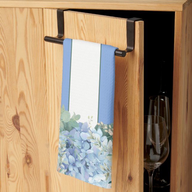 Serviette de cuisine à rayures bleues Hydrangea et (Pliage en tiers)