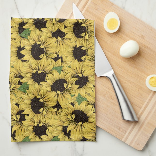 Serviette de cuisine aux fleurs de soleil (Quart Plié)
