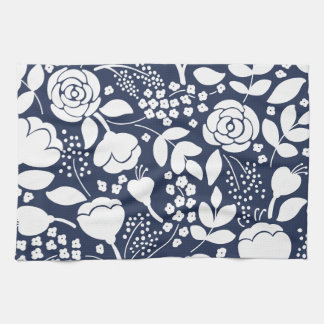 Serviette de cuisine bleu marine et blanc floral