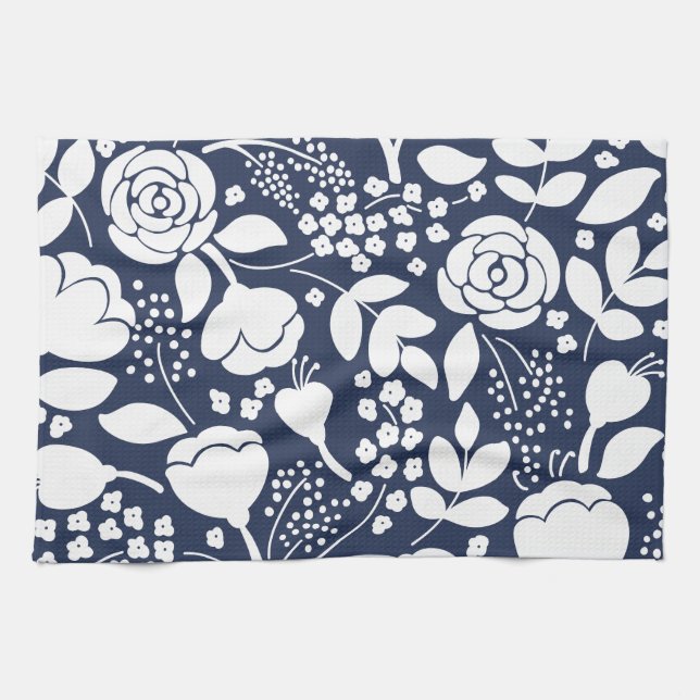 Serviette de cuisine bleu marine et blanc floral (Horizontal)