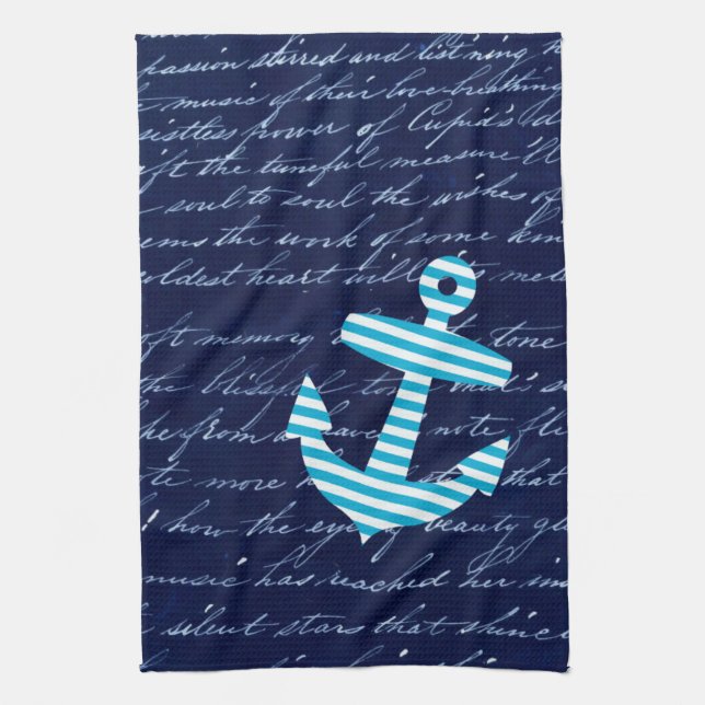 Serviette de cuisine bleue rayée nautique d'ancre (Vertical)