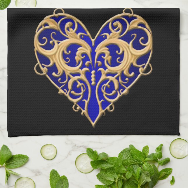 Serviette de cuisine Blue Filigree Heart (Plié)